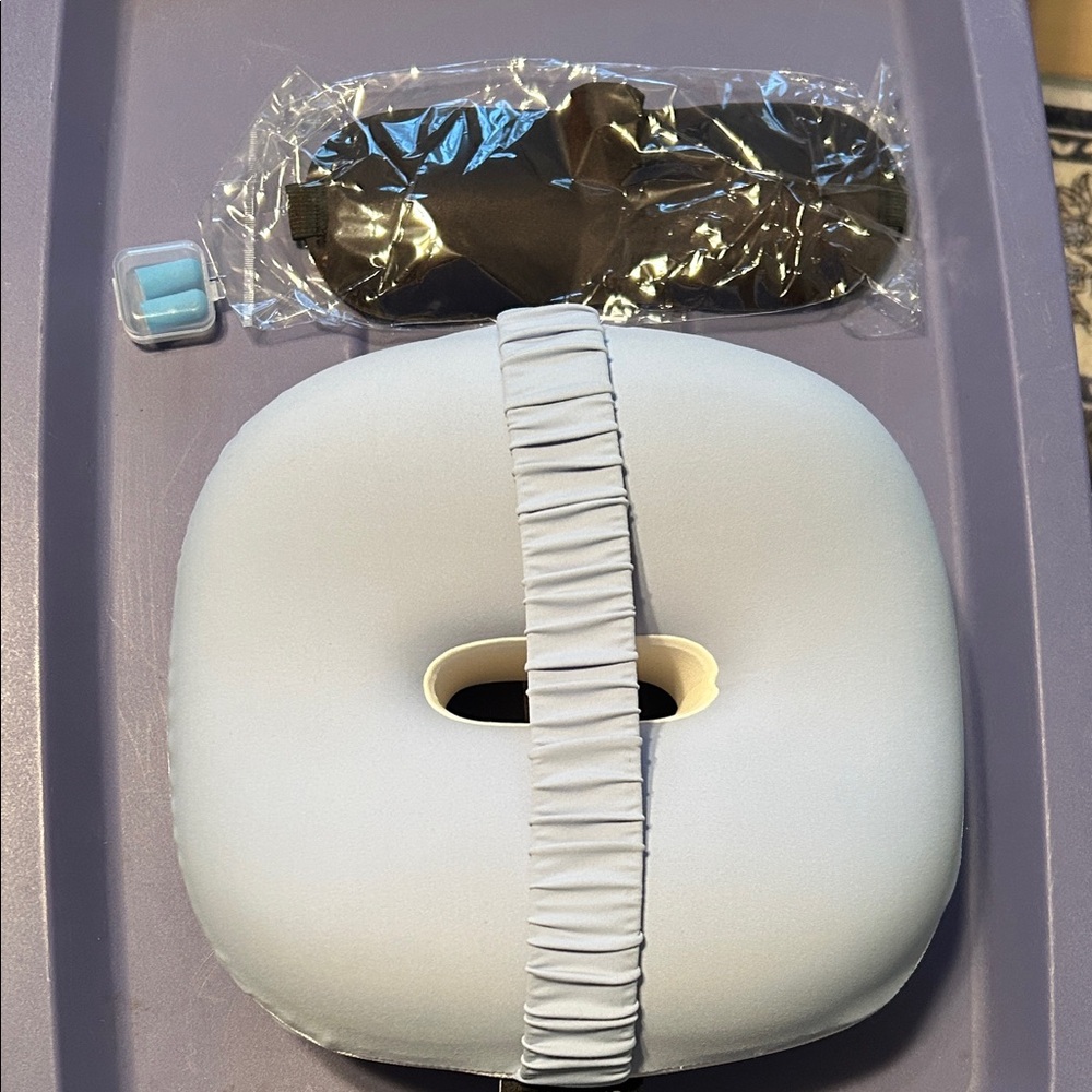 Knee sleep support pillow with elastic Strap, face mask and ear plugs